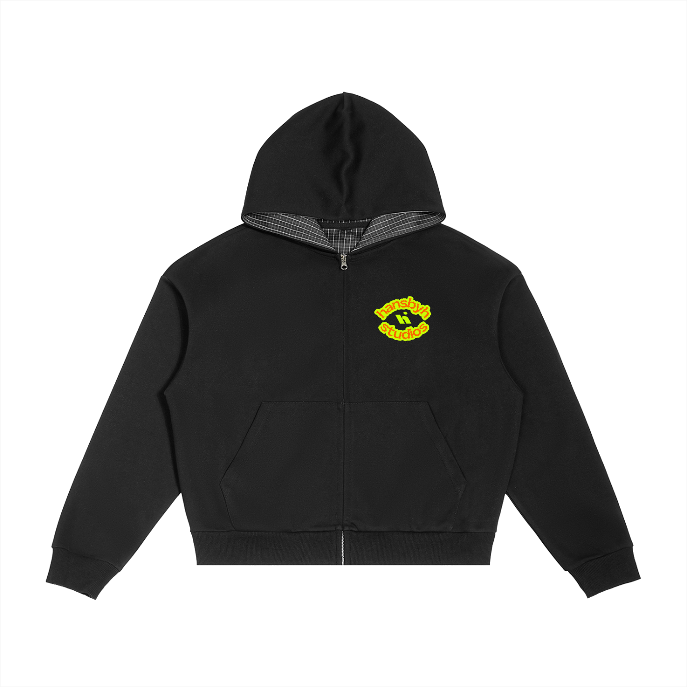 Contrast Plaid Boxy Zip Hoodie